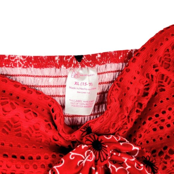 Juniors XL No Boundaries Red Crochet Trim Halter Top with Hanky Hem Smocked Back - Picture 6 of 12